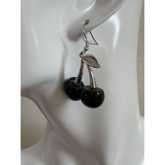 Black Cherry Dangle Earrings – Silver Tone - Picture 5 of 5